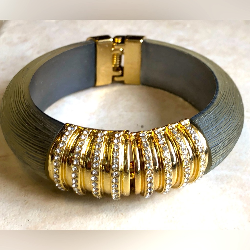 Alexis Bittar Gray Lucite Gold Metal And crystal Hinged Bracelet Vintage hi end